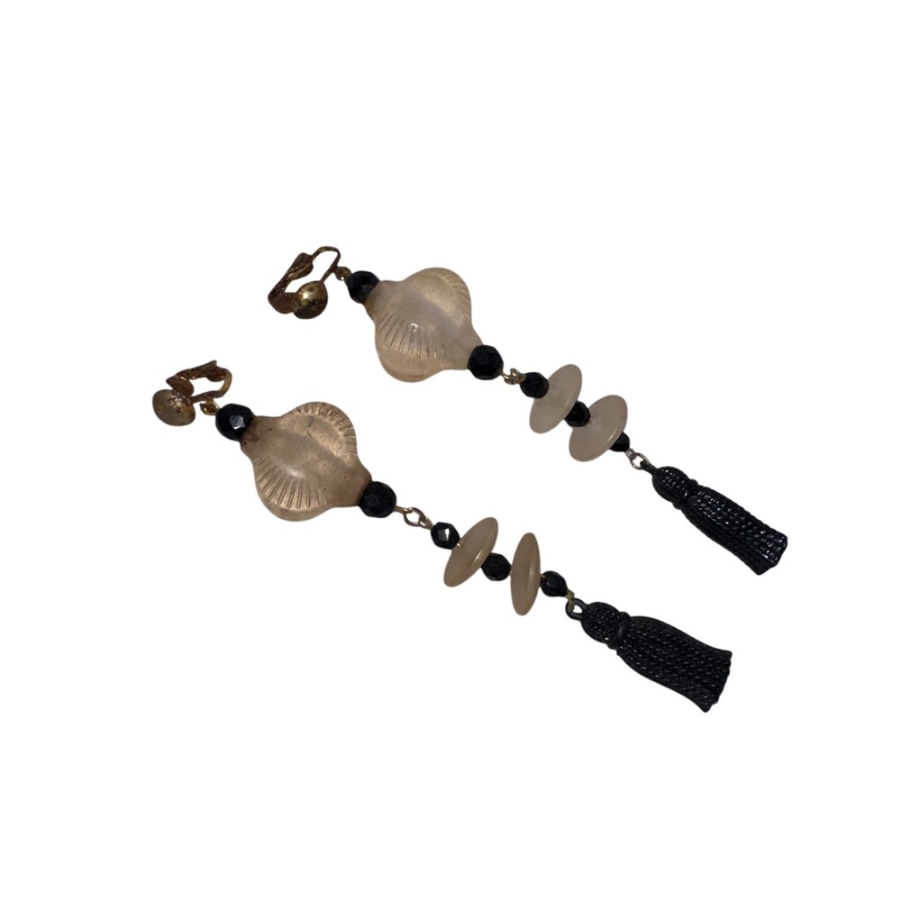 Vintage Black Gold Frosted Glass Dangle Statement Earrings w Beads Tassels TLC